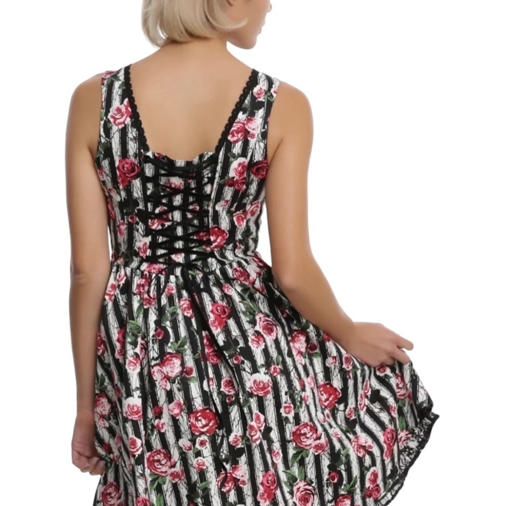 Hot Topic Corset Striped Rose Print Lace Pin Up Rockabilly Dress Womens Medium - Picture 3 of 16